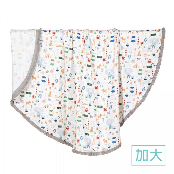 La Millou 抗菌包巾-竹纖涼感巾(加大)-圓形流蘇-海灘小象(藍)