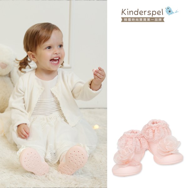Kinderspel 輕柔細緻‧套腳腳襪型學步鞋(13CM)-粉紅蕾絲花